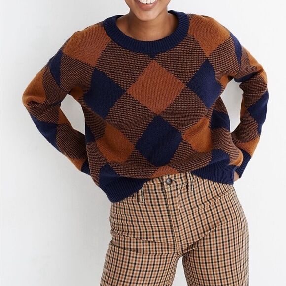 Madewell Mullen Pullover Sweater in Plaid Blue Brown Item AD044 Size Small - Picture 1 of 3